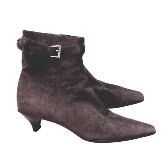 Y2K Vintage PRADA Kitten Heel Suede Boots 37 6.5 Square Toe Brown 2000's Buckle - Picture 2 of 14